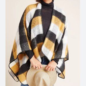 Anthropologie Plaid Kimono Poncho Cape Yellow Gold Black White Fall Halloween